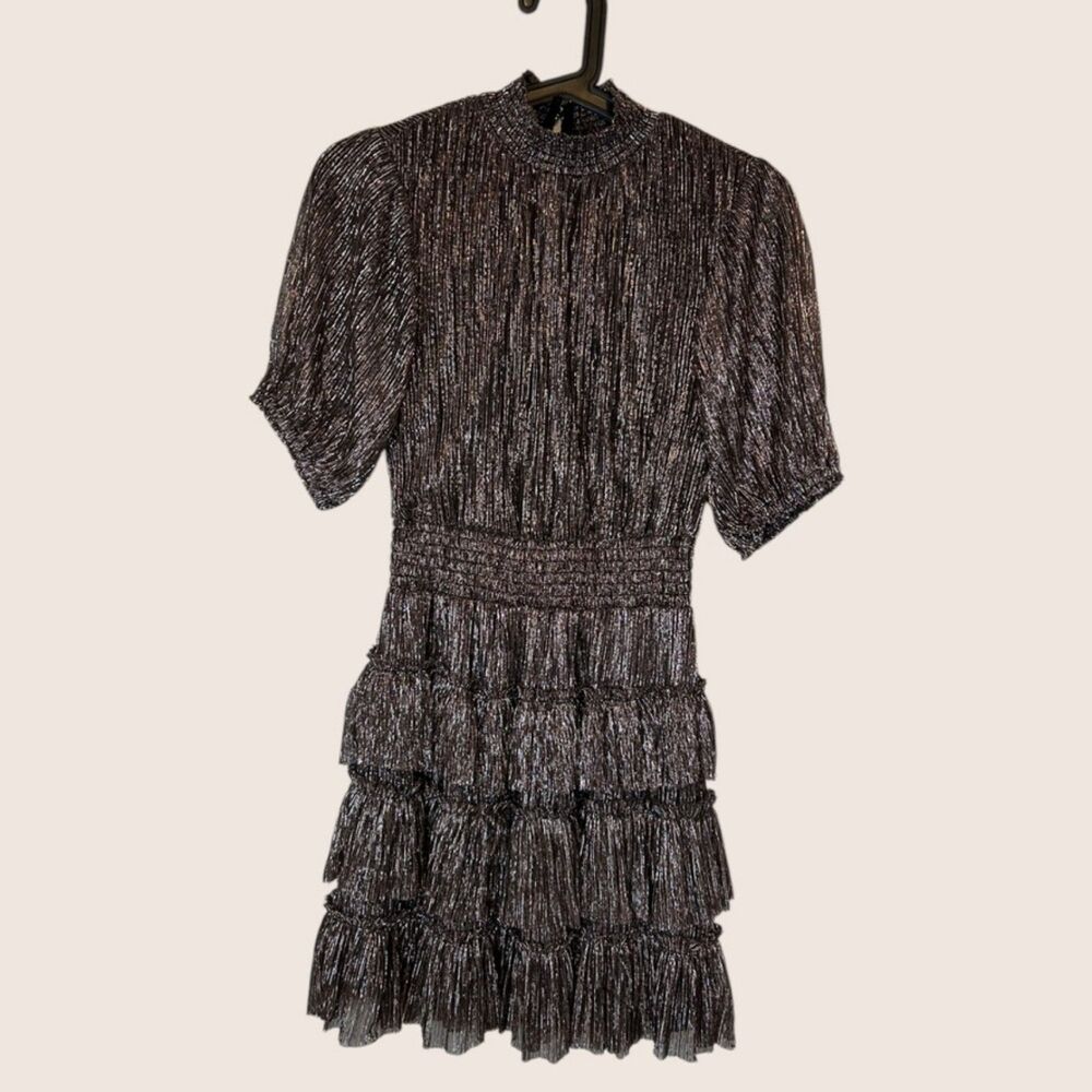 🌟 1 STATE METALLIC TIERED SMOCKED WAIST PUFF SHORT SLEEVE FULLY LINED DRESS XS - Picture 6 of 8
